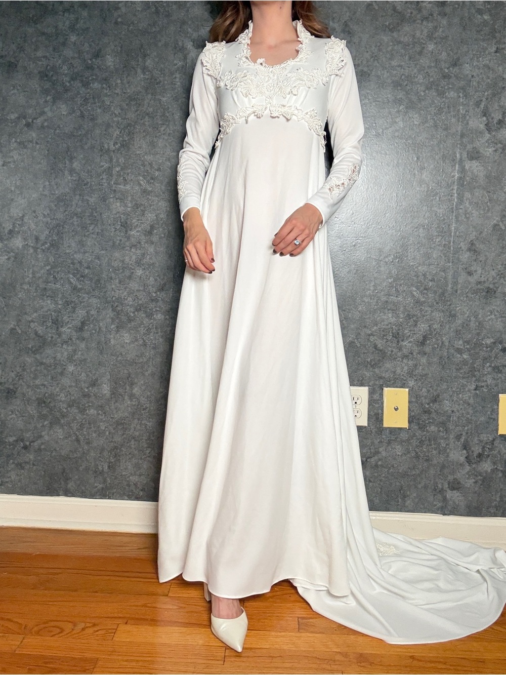 Vintage 1970s Empire Waist Wedding Gown — High Victorian Collar, Cathedral Train